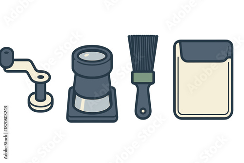 Creative instruments set including paintbrush, optical lens, mechanical handle, and storage box