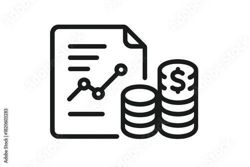 Financial report document with line graph and stacked dollar coins showing business growth