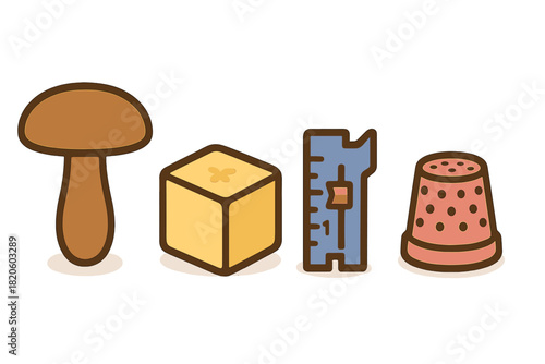 Stylized icons of a mushroom, yellow cube, blue measuring gauge, and pink thimble arranged in a row