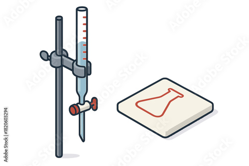 Scientific chemistry experiment equipment featuring a burette and stand with a flask symbol