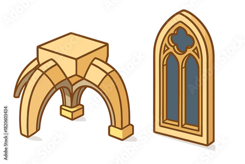 Medieval Gothic architecture details set featuring a ribbed vault capital and an arched window