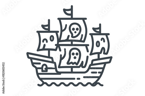 Spooky pirate ship sailing on the ocean waves with ghostly figures and skull designs on the sails