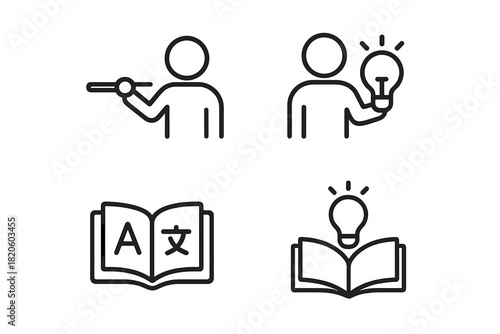 Outline symbols representing education, knowledge, learning, teaching, and idea generation