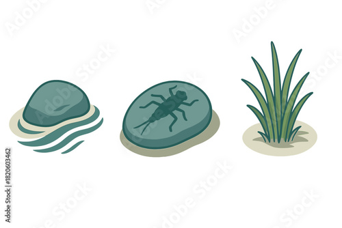 Natural history icon set with river rock, insect fossil, and green grass elements