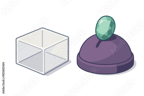 Isometric icons set featuring a transparent wireframe cube and a purple dome shape with a faceted green jewel