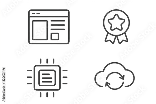 Modern outline symbols for web browser, quality assurance, microchip, and cloud synchronization