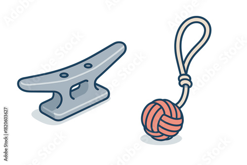 Sturdy metal boat cleat and traditional decorative rope knot used in maritime activities