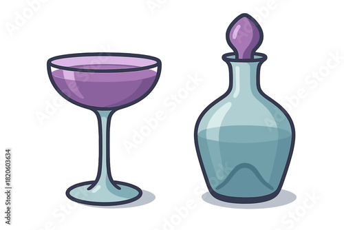 Stylized coupe glass filled with purple cocktail next to a vintage glass decanter with stopper