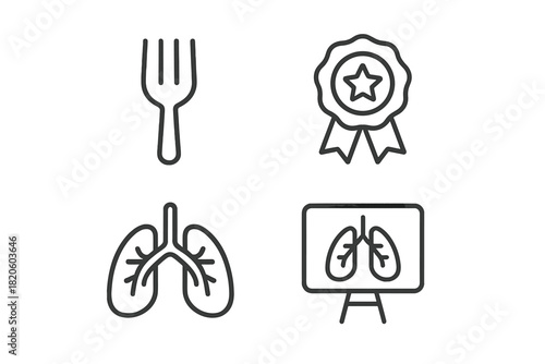 Diverse outline icons set featuring a dining fork, award badge, human lungs, and medical presentation display