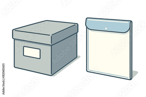 Collection of closed storage box and document envelope for organization