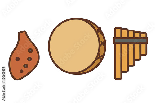 Traditional wind and percussion instruments including ocarina, frame drum, and pan flutes set