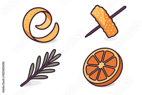 Stylized set of drink garnishes with curled orange zest, citrus slice, and fragrant rosemary sprig