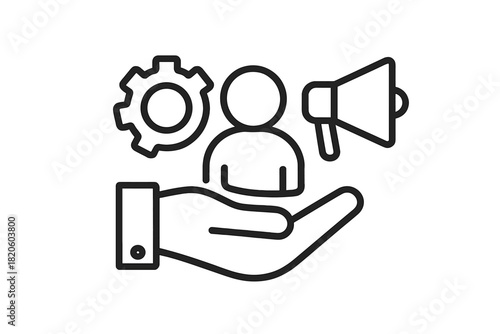 Hand supporting customer, gear, and megaphone symbols for business strategy and service