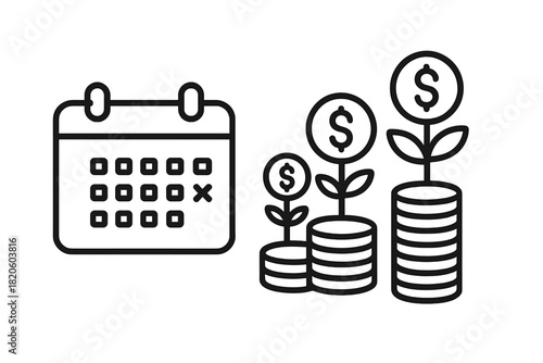 Financial growth schedule showing calendar and dollar plants growing from coin stacks