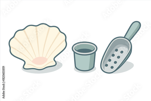 Simple set of beach toys including a seashell, bucket, and perforated scoop for sand play