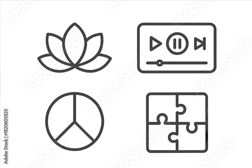 Outline icons featuring lotus flower, media player, peace sign, and puzzle pieces