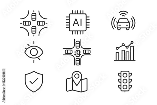 Collection of smart traffic and autonomous driving technology icons for modern systems