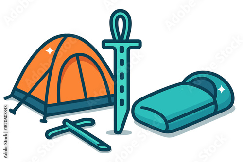 Essential outdoor adventure gear featuring tent, sleeping bag, and climbing equipment