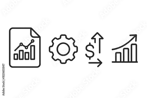 Set of business analytics symbols including financial report, growth chart, and settings