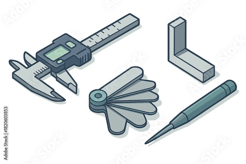 Precision measuring and marking tools set including caliper, feeler gauge, square, and scribe