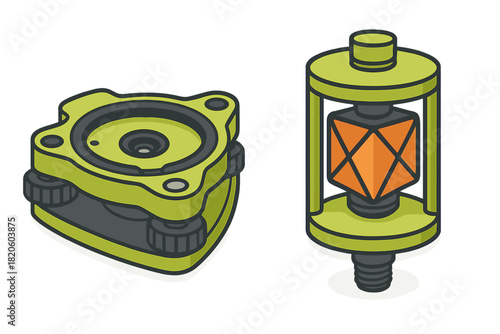 Geodetic surveying instruments set with tribrach leveling base and prism reflector