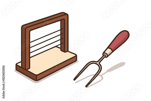 Set of essential kitchen utensils including a wooden cheese wire cutter and a metal carving fork