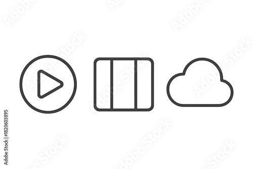 Minimalist line icons set featuring play button, layout window, and cloud storage symbol