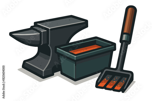 Set of blacksmithing tools featuring heavy anvil, hot forge, and metal working shovel