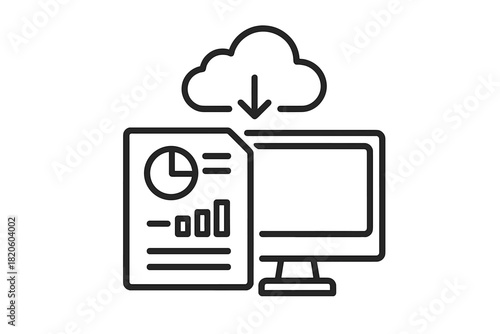 Cloud data download to computer monitor showing business analytics report document