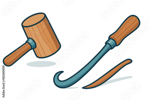 Wooden mallet and curved metal pry bar hand tools for carpentry and rigging