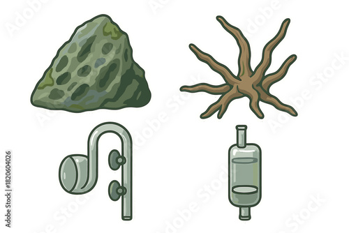 Essential aquascape hardscape elements and specialized technical aquarium equipment