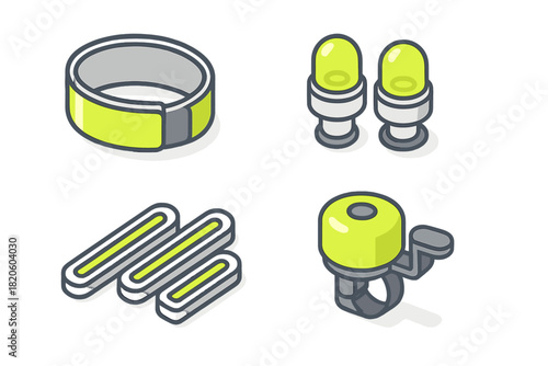 Essential bicycle safety accessories set including reflective band, warning lights, and bell