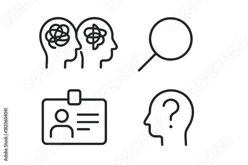Minimalist line icons depicting mental confusion, identity card, search, and inquiry