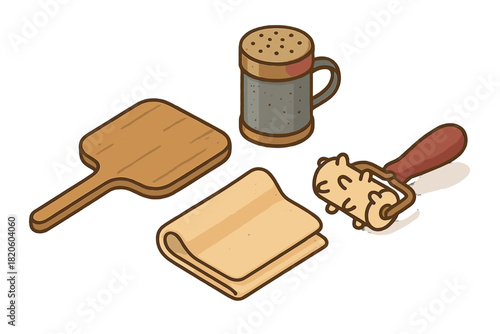 Wooden pizza peel, dough docker, spice shaker, and folded dough for baking