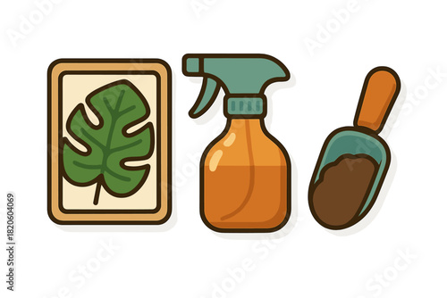 Houseplant care essentials set featuring a framed Monstera leaf, water sprayer, and potting soil scoop
