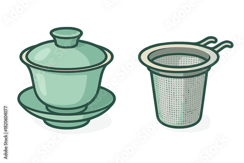 Traditional Chinese Gaiwan teacup set and modern metal tea infuser strainer