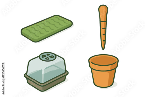 Isometric gardening equipment with seed starting mat, mini greenhouse, dibber, and terracotta pot