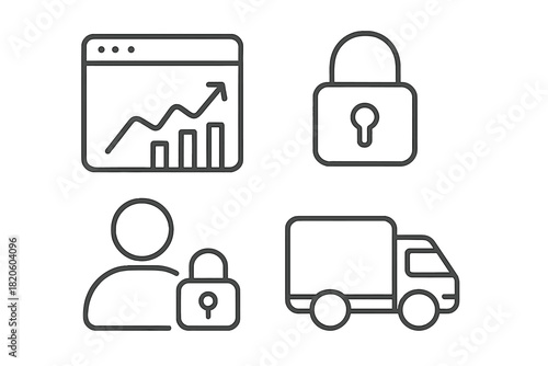 Outline icons for digital business: financial growth, data security, user protection, and shipping logistics