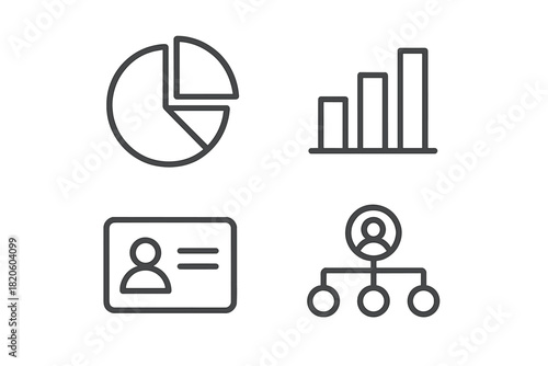 Set of business and data analysis icons including charts, profile, and organizational structure