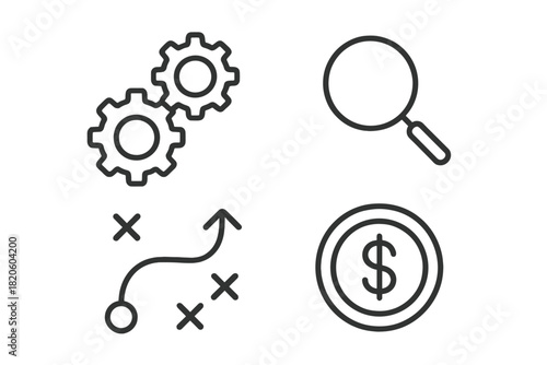 Essential business and finance symbols covering strategy, settings, search, and money concepts