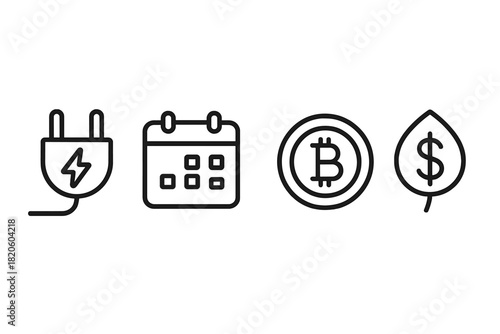 Thin line icons representing business concepts like electric power, calendar, cryptocurrency, and green finance
