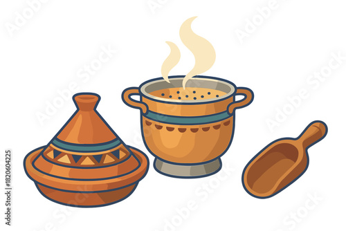 Traditional earthenware tagine pot, steaming cooking vessel, and wooden scoop