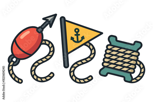 Fishing and nautical icons set featuring float, anchor flag, and rope spool