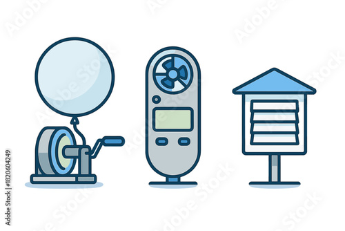 Meteorological instruments set featuring weather balloon, handheld anemometer, and Stevenson screen