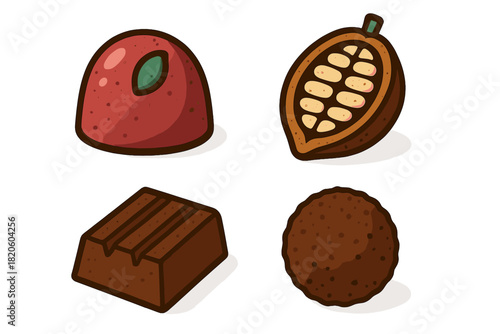 Assortment of various chocolate candies, bonbons, truffles, and a sliced cocoa fruit pod revealing raw beans