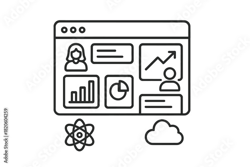 Data dashboard interface with charts, user profiles, science, and cloud computing symbols