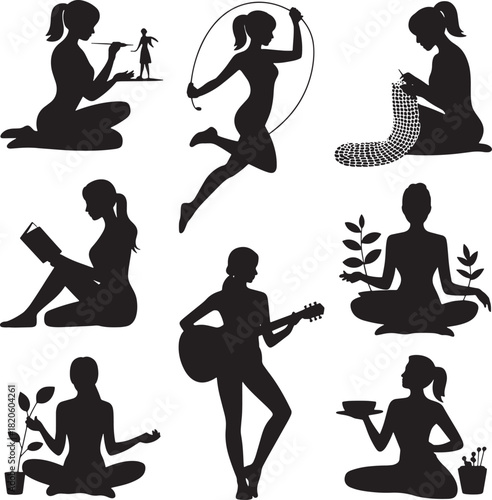 Female silhouette with hobby and relaxing activities on transparent background