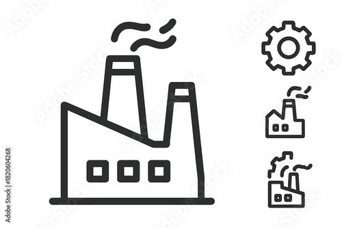 Industrial factory building with smoking chimneys and mechanical gear symbol