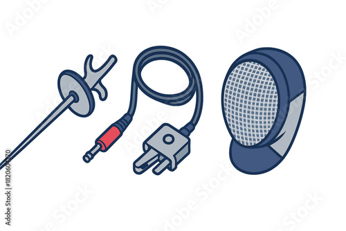 Essential equipment for electric fencing: foil, body cord, and protective mask