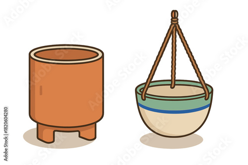 Empty plant containers including a terracotta floor pot and a hanging ceramic planter